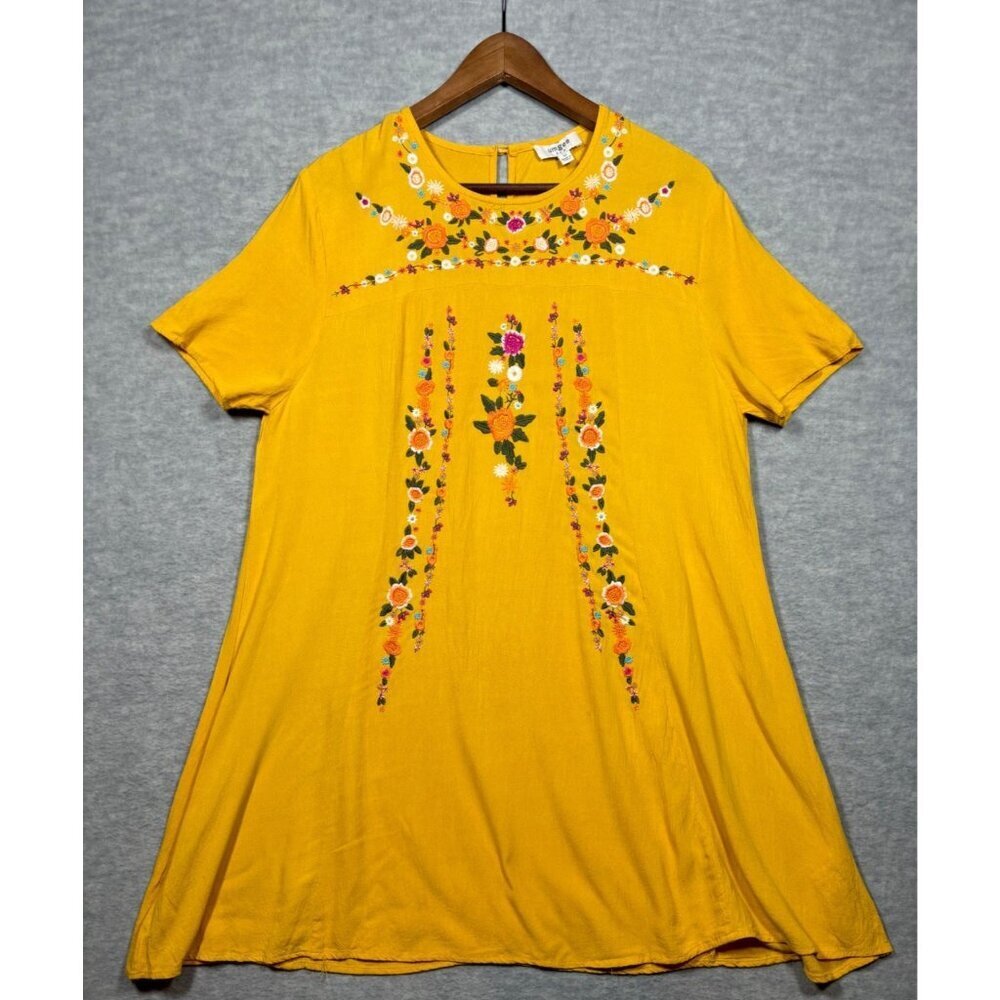 Umgee Womens M Mustard Yellow Embroidered‎ Floral Dress Casual Boho Chic